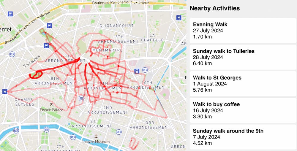 Screenshot of my Strava Activities Map showing my walks around Paris